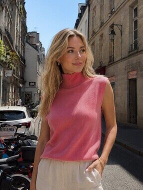NWT Prive 100% Cashmere Sleeveless Pink Turtleneck Knit Shell Size XL